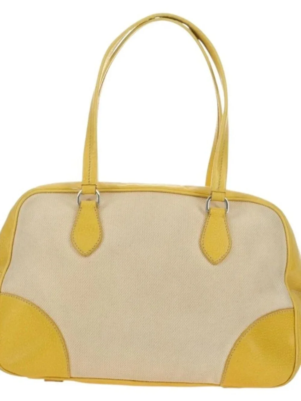 PRADA Hand Bag Canvas Leather Beige Yellow Silver Auth